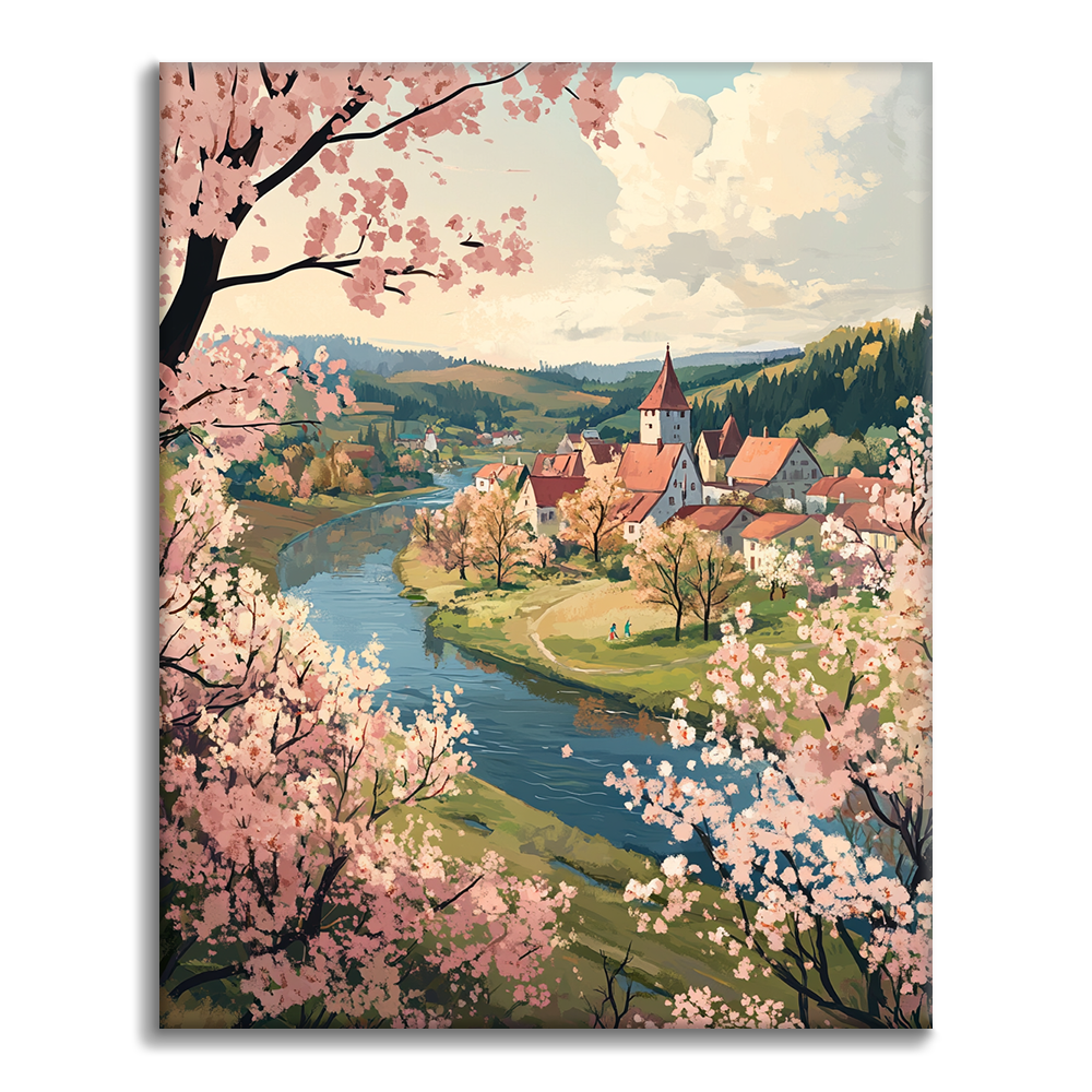 Frühlingsflussdorf - Malen nach Zahlen
