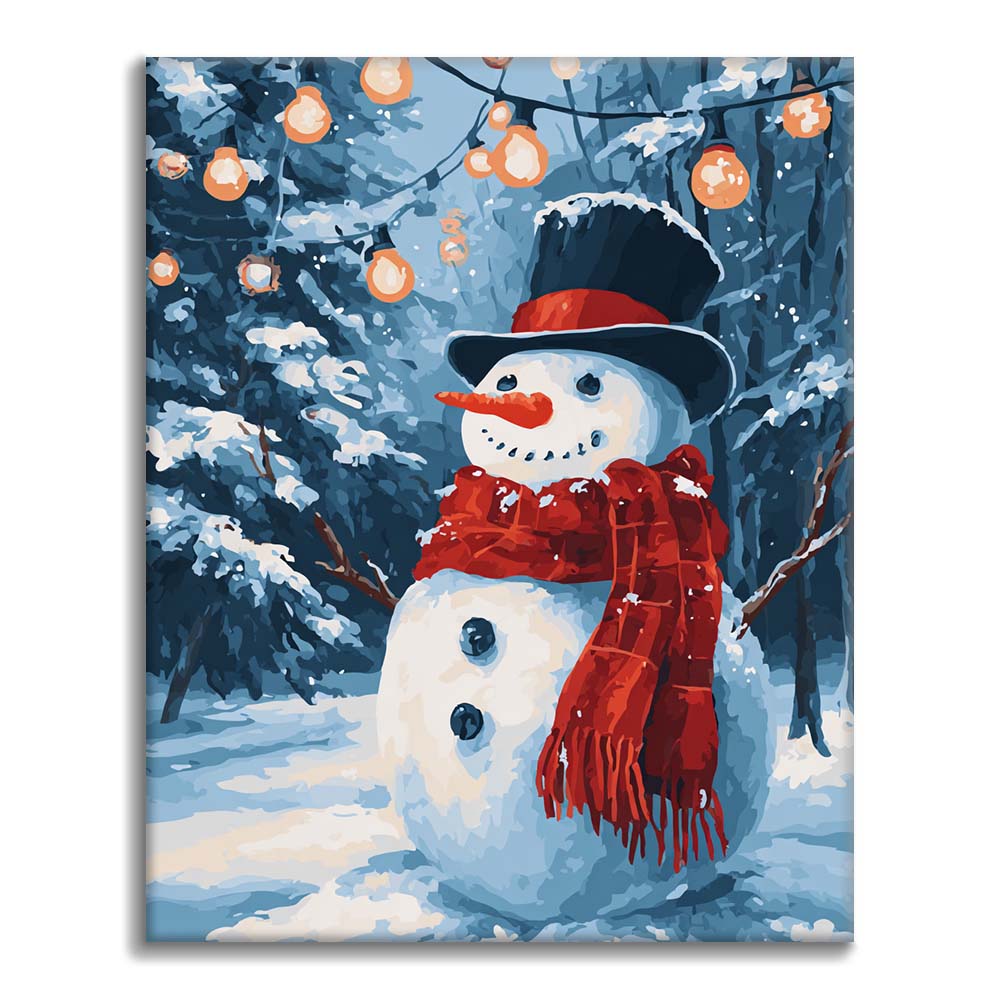 Schneemann mit Weihnachtsbeleuchtung - Malen nach Zahlen