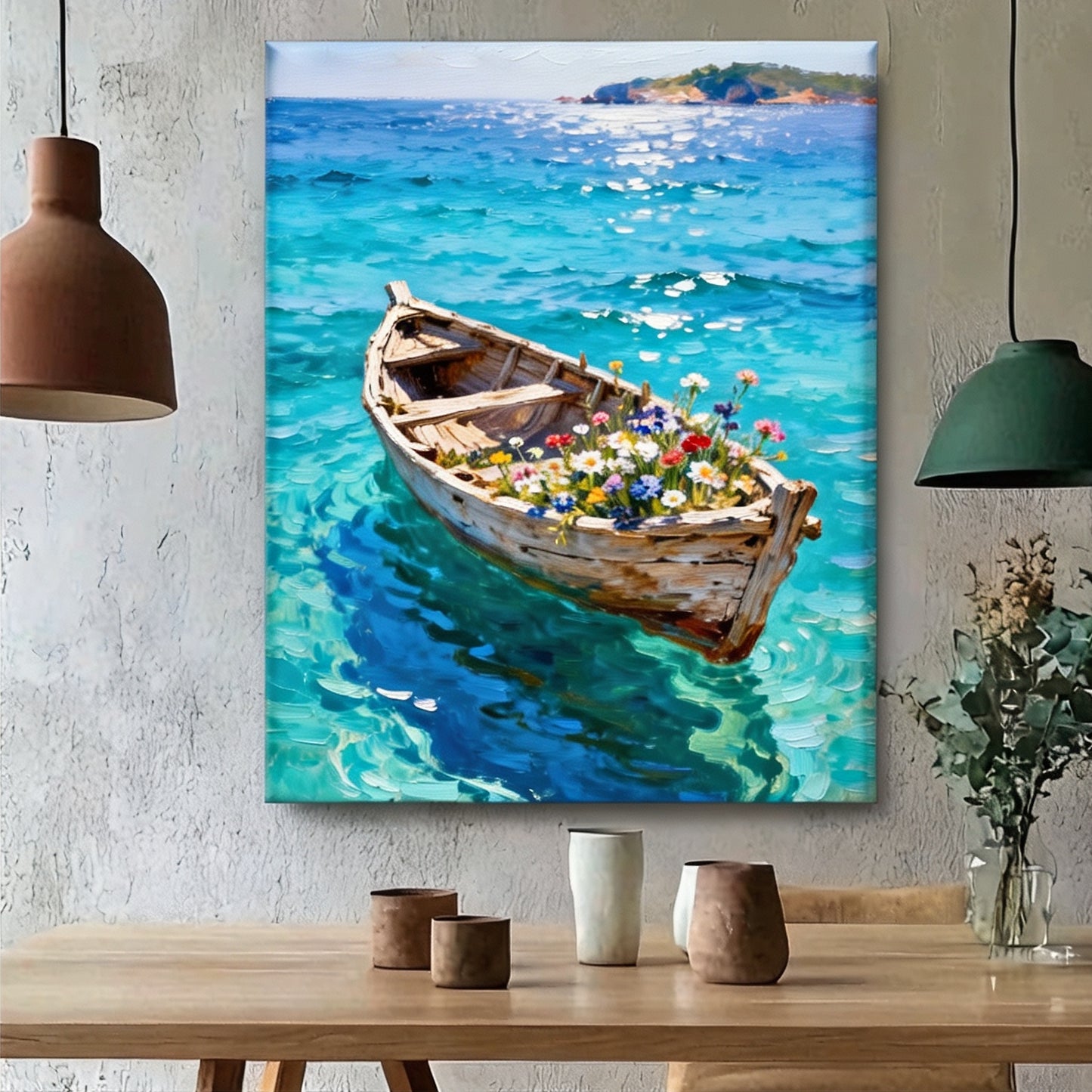 Blumenboot treibt auf den Wellen