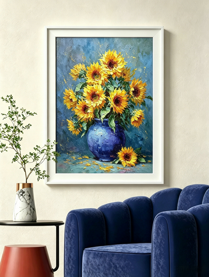 Sonnenblumen in blauer Tonvase - Malen nach Zahlen