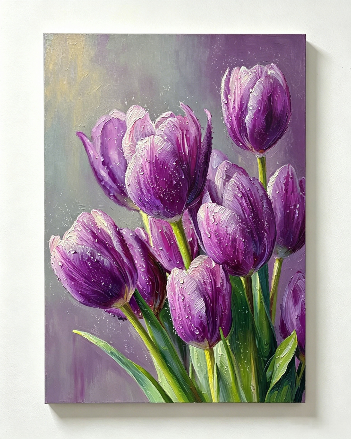 Wassertropfen lila Tulpen Frühlingsbild - Malen nach Zahlen