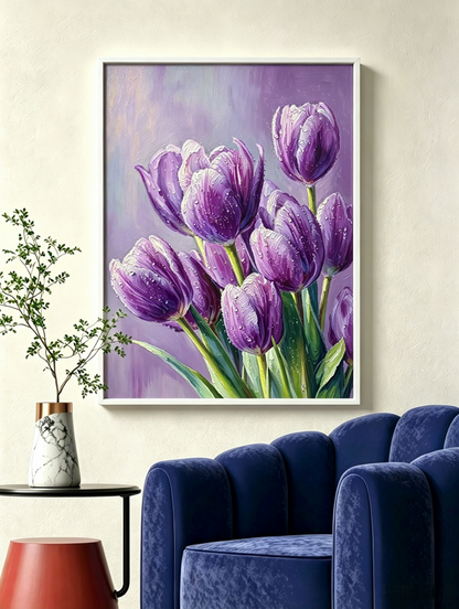 Wassertropfen lila Tulpen Frühlingsbild - Malen nach Zahlen