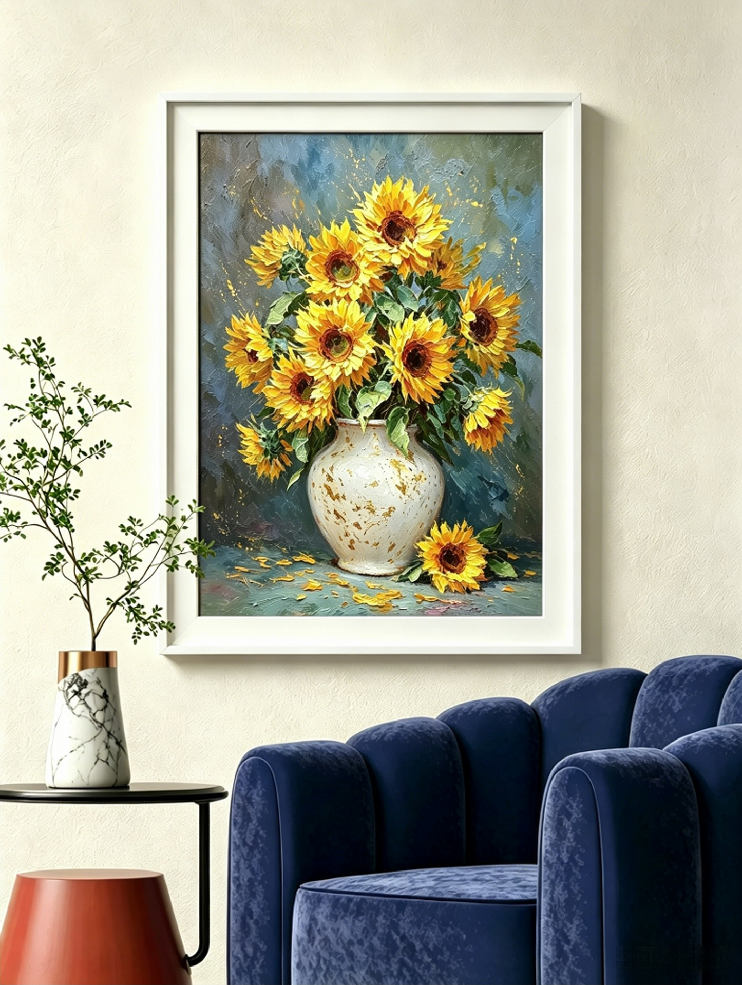 Sonnenblumen in altweißer Keramikvase - Malen nach Zahlen