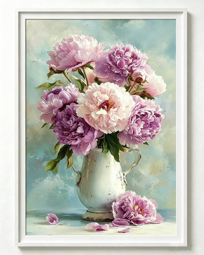 Rosa-lila Pfingstrosen in Milchglas Krug- Malen nach Zahlen