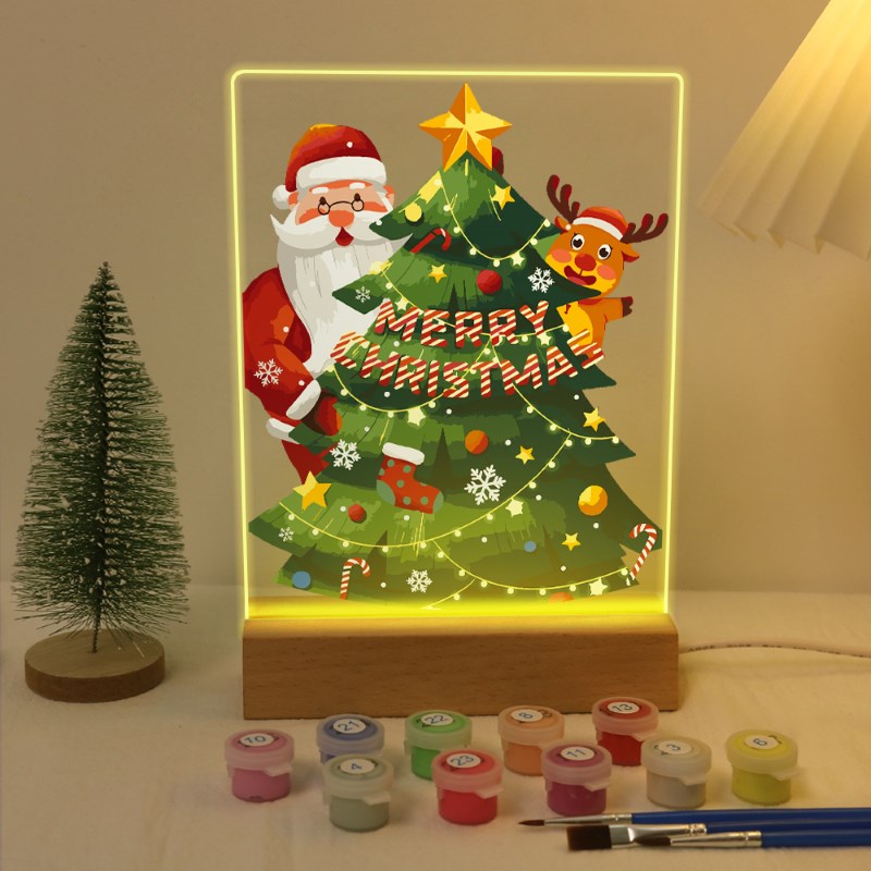 Malen nach Zahlen Weihnachtslampe | Weihnachtsmann und Rentier mit dem Baum