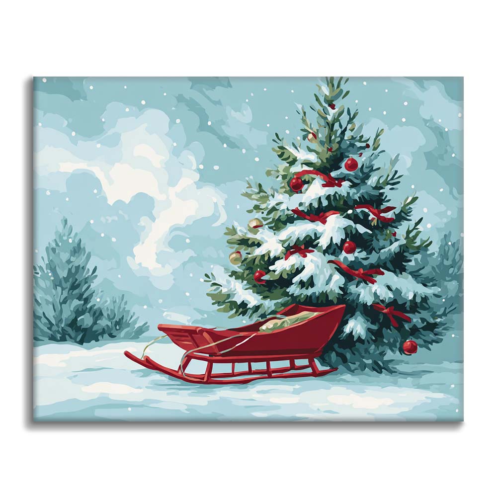 Weihnachtsbaum und Schlitten - Malen nach Zahlen