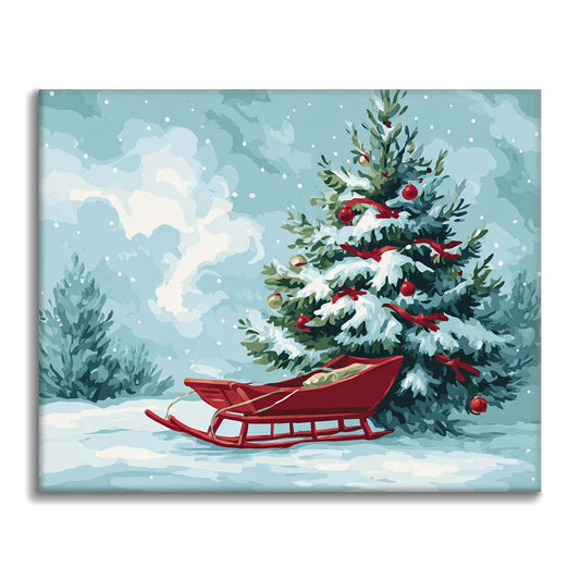 Weihnachtsbaum und Schlitten - Malen nach Zahlen
