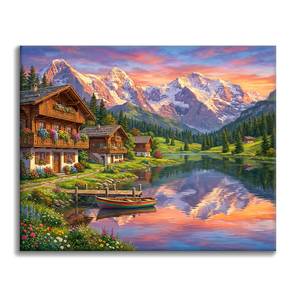 Schweizer Alpen-Sonnenuntergang – Malen nach Zahlen