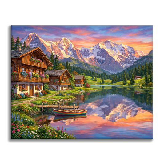 Schweizer Alpen-Sonnenuntergang – Malen nach Zahlen