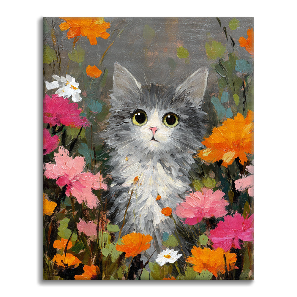 Eine Katze zwischen den Blumen – Malen nach Zahlen