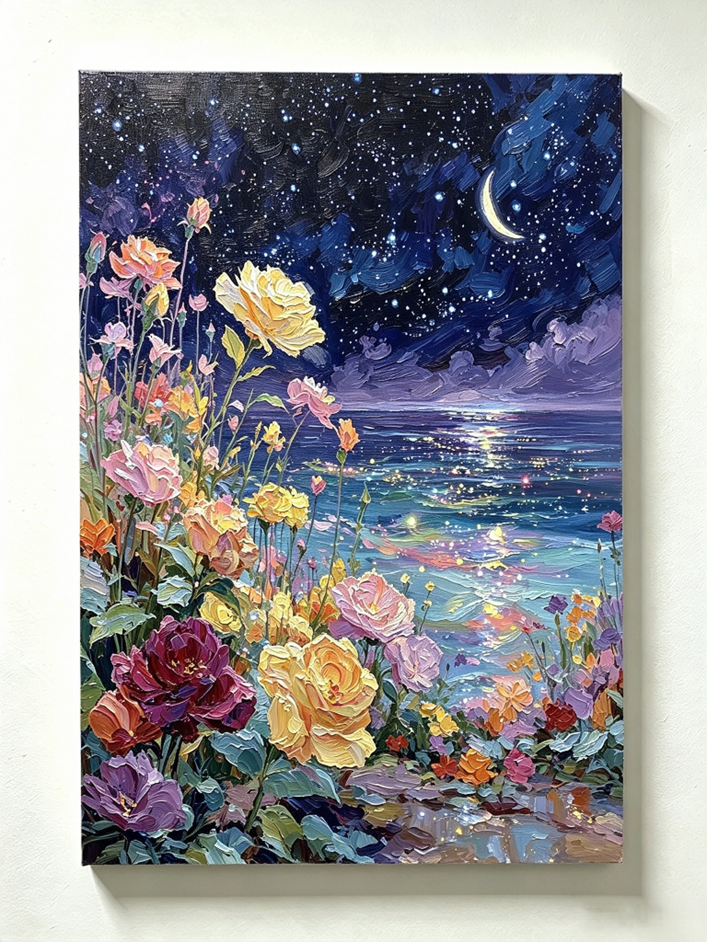 Bunte Rosen am Meer unter dem Mondhimmel- Malen nach Zahlen