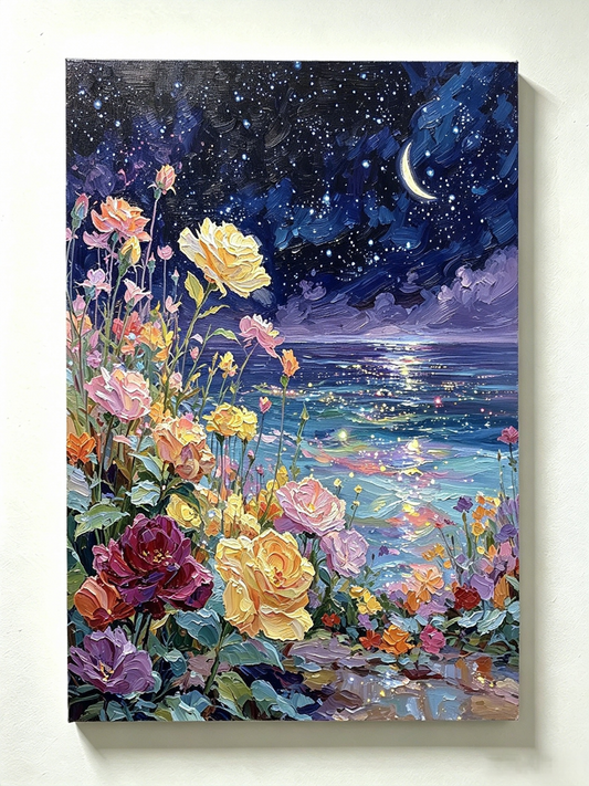 Bunte Rosen am Meer unter dem Mondhimmel- Malen nach Zahlen
