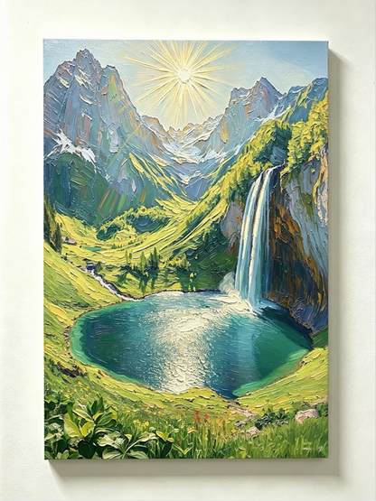 Alpenwasserfall mit Bergsee- Malen nach Zahlen