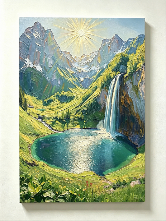 Alpenwasserfall mit Bergsee- Malen nach Zahlen