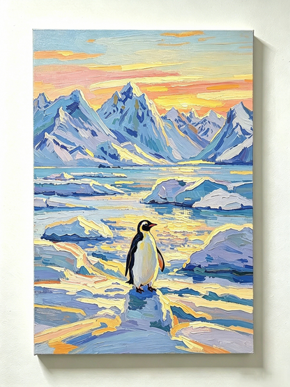 Pinguin auf dem Eis bei Polar-Sonnenuntergang- Malen nach Zahlen