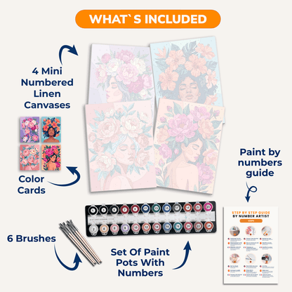 Blumige Weiblichkeit – 4er Mini-Set | Malen nach Zahlen