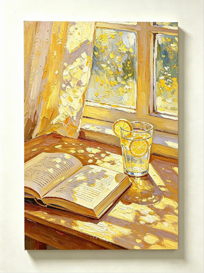 Goldenes Fensterlicht mit Buch und Zitronenwasser- Malen nach Zahlen