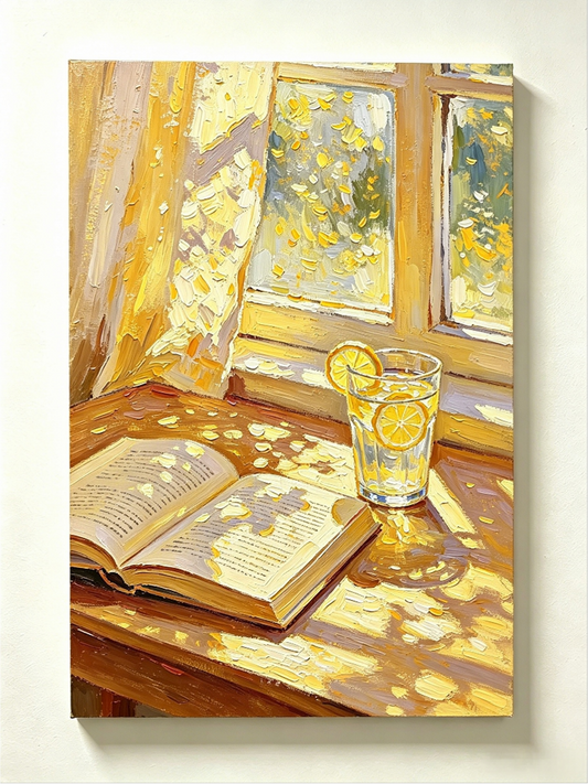 Goldenes Fensterlicht mit Buch und Zitronenwasser- Malen nach Zahlen