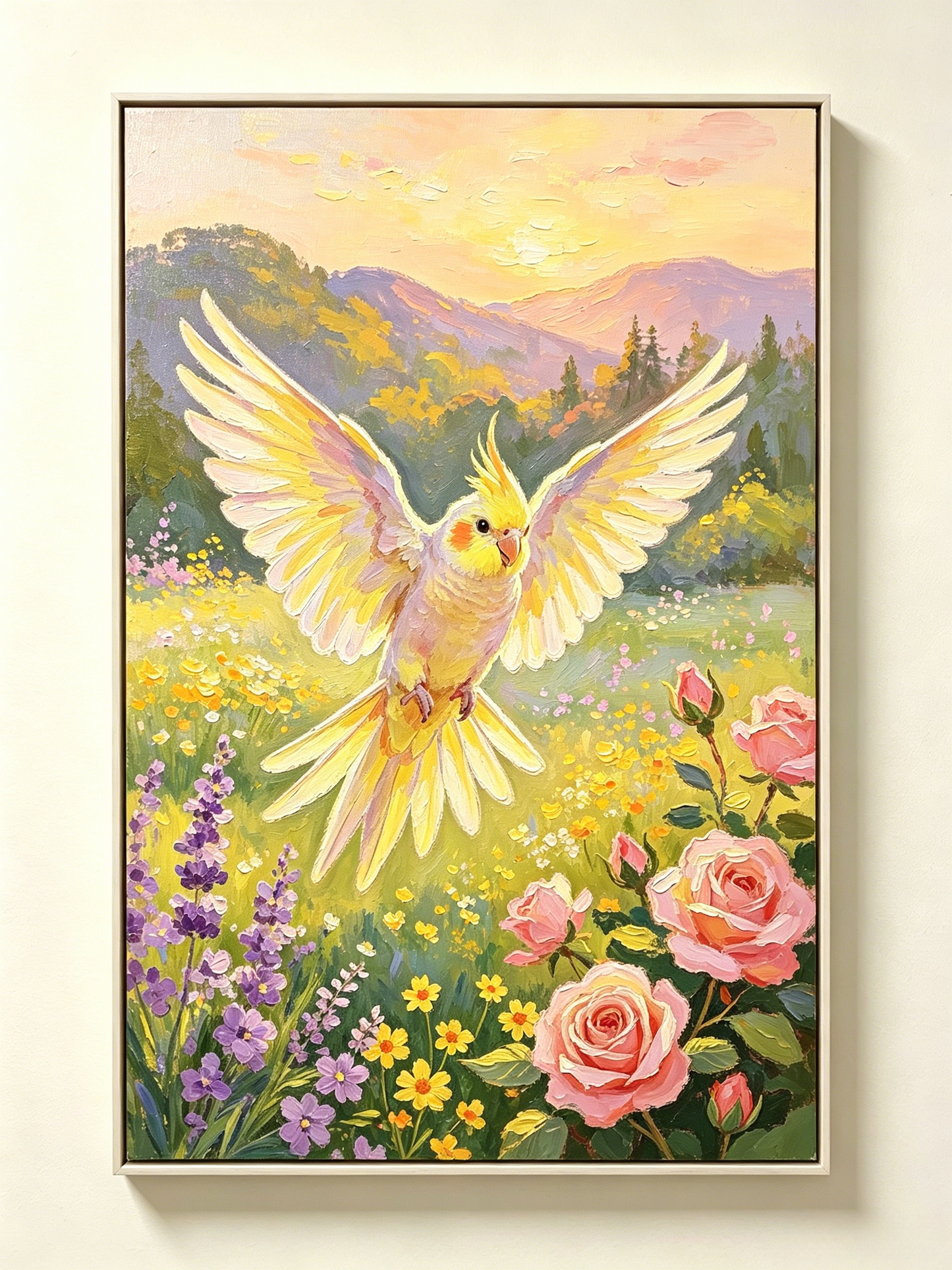 Wellensittich im Flug über Blumenwiese bei Sonnenuntergang - Malen nach Zahlen