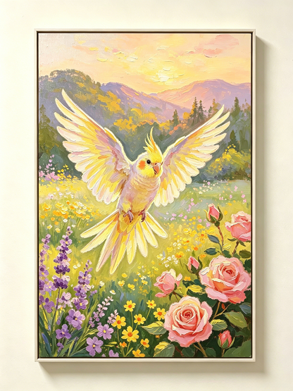 Wellensittich im Flug über Blumenwiese bei Sonnenuntergang - Malen nach Zahlen