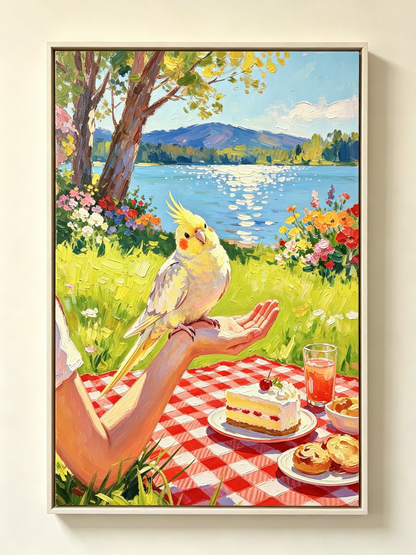Nymphensittich auf der Hand beim See-Picknick- Malen nach Zahlen