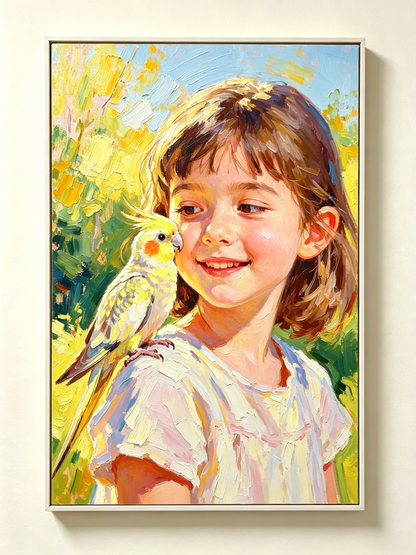 Kleines Mädchen mit Nymphensittich auf der Schulter im sonnigen Wald - Malen nach Zahlen