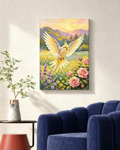 Wellensittich im Flug über Blumenwiese bei Sonnenuntergang - Malen nach Zahlen