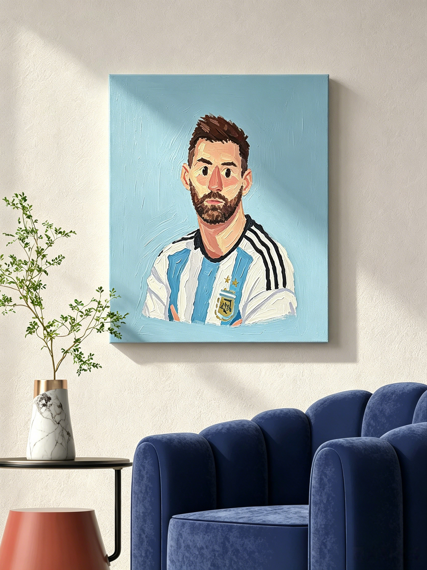Fußballspieler Porträt mit hellblau-weißem Trikot– WM-KUNST  – Malen nach Zahlen