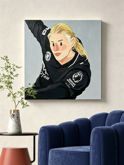 Sportler Porträt mit blondem Haar und schwarzer Trainingsjacke – WM-KUNST – Malen nach Zahlen