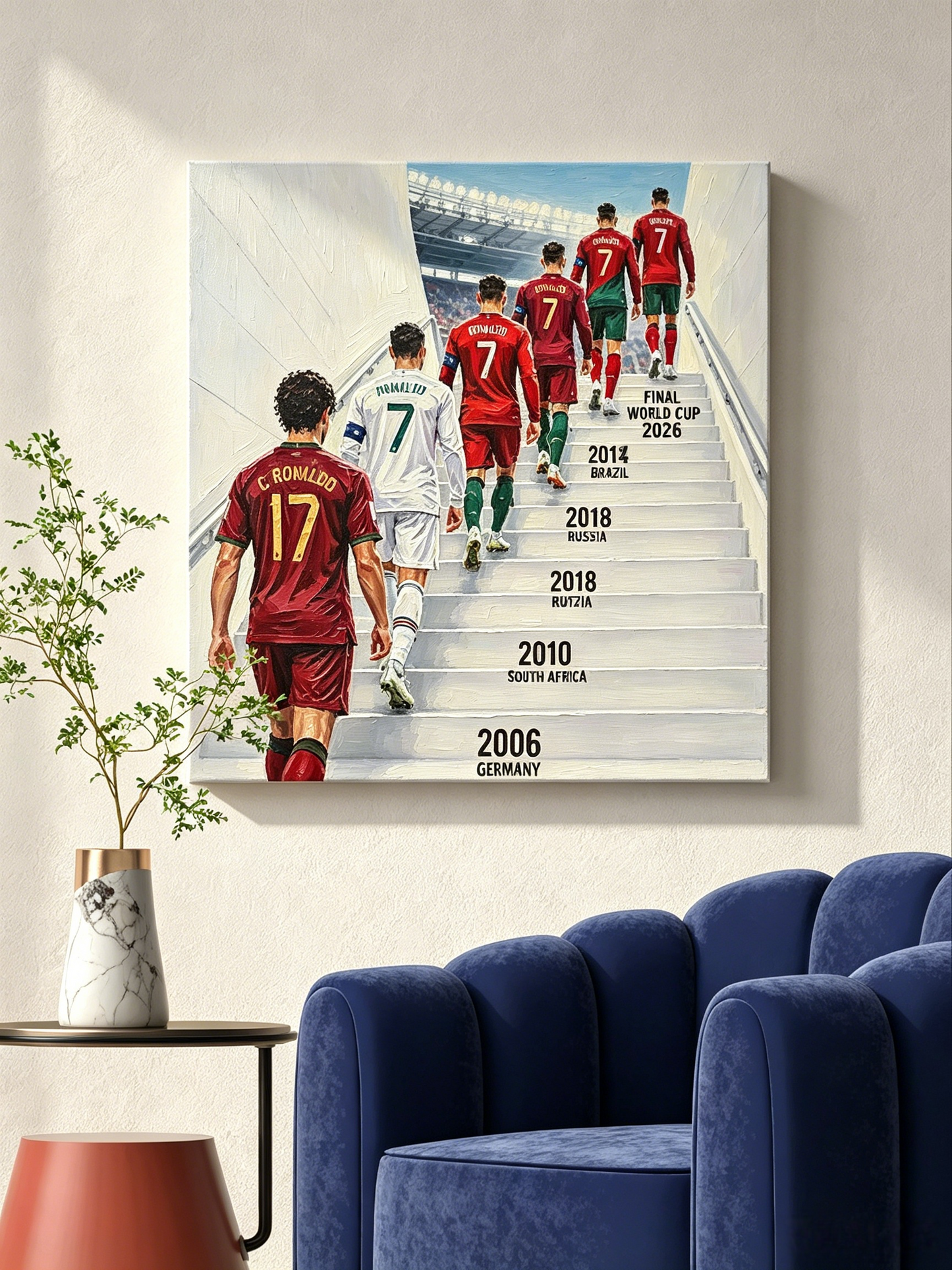 Zeitreise der WM Trikots Treppen Wandbild – WM-KUNST  – Malen nach Zahlen