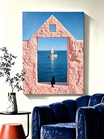 Schwarze Katze vor rosa Steinmauer und Meer- Malen nach Zahlen