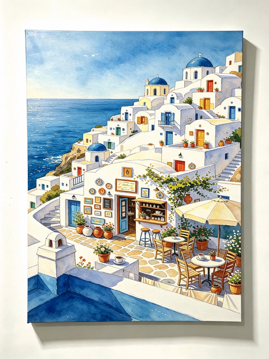 Santorini Meerblick in Blau und Weiß- Malen nach Zahlen
