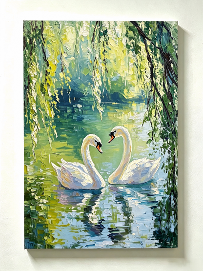 Schwanenpaar unter Weiden am See Impasto Bild - Malen nach Zahlen