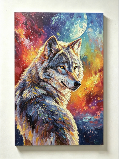 Wolf unter buntem Sternenhimmel mit Mond  - Malen nach Zahlen