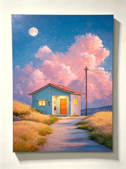 Das blaue Haus unter rosa Wolken- Malen nach Zahlen
