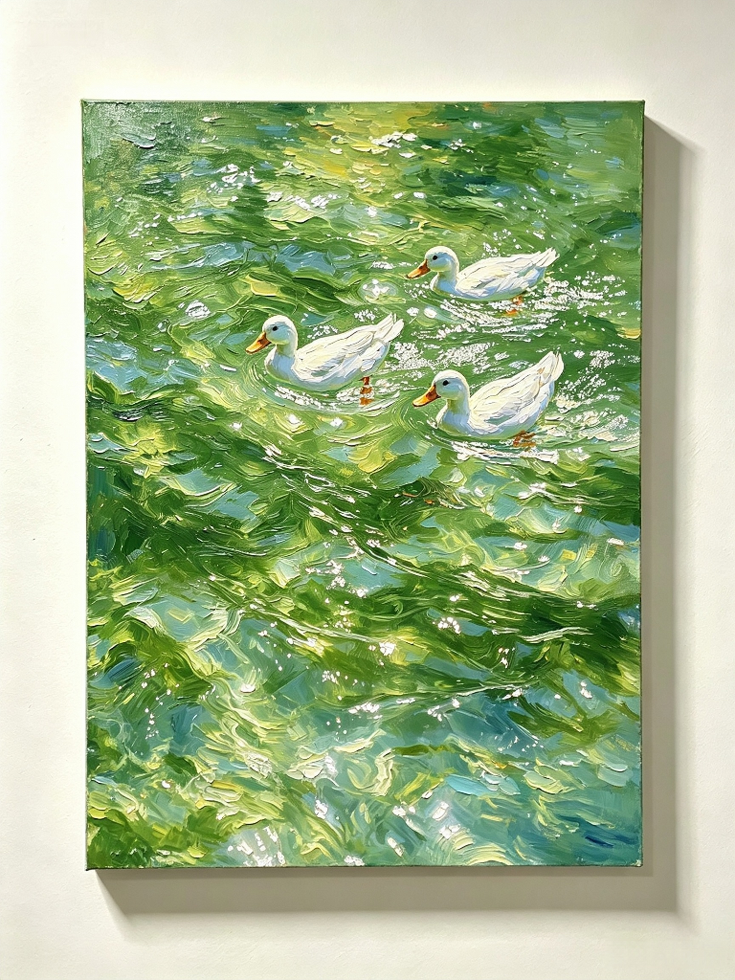 Weiße Enten im grünen Sommerteich- Malen nach Zahlen