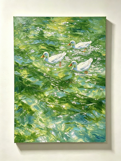 Weiße Enten im grünen Sommerteich- Malen nach Zahlen