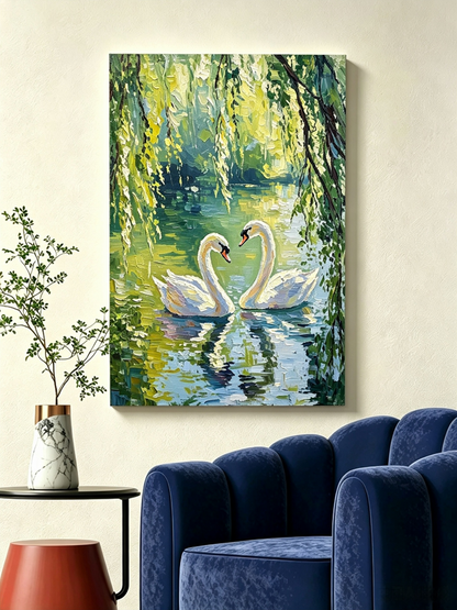 Schwanenpaar unter Weiden am See Impasto Bild - Malen nach Zahlen