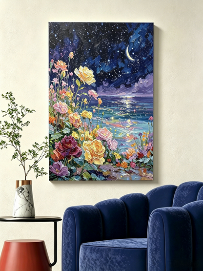 Bunte Rosen am Meer unter dem Mondhimmel- Malen nach Zahlen