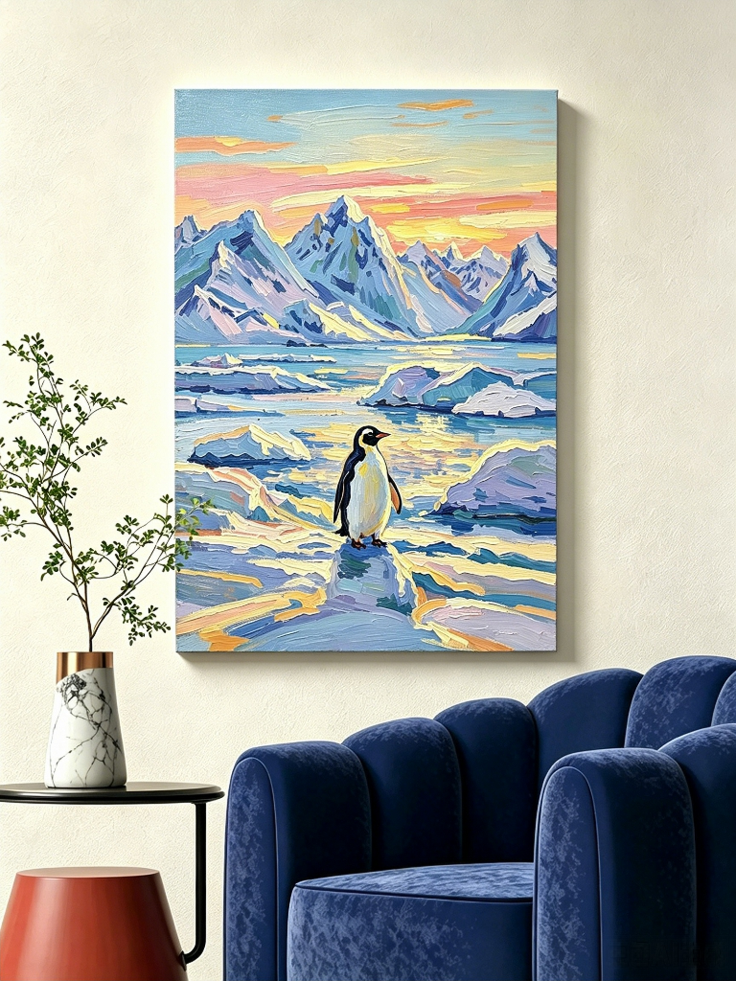 Pinguin auf dem Eis bei Polar-Sonnenuntergang- Malen nach Zahlen