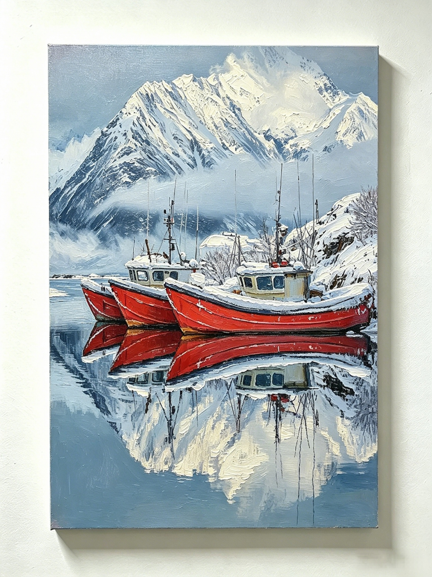 Rote Fischerboote im verschneiten Fjord - Malen nach Zahlen