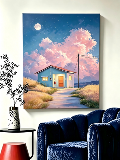 Das blaue Haus unter rosa Wolken- Malen nach Zahlen