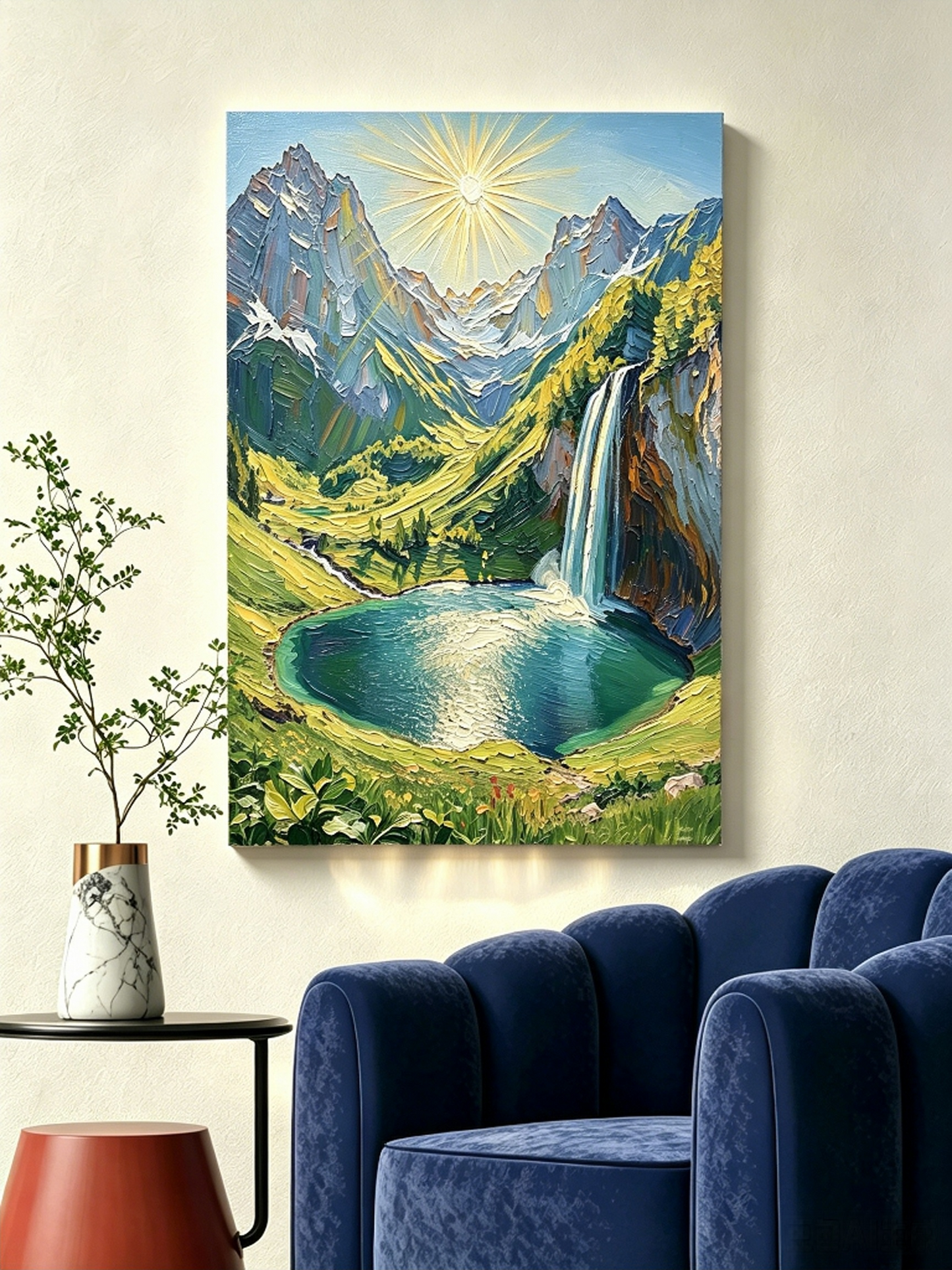 Alpenwasserfall mit Bergsee- Malen nach Zahlen