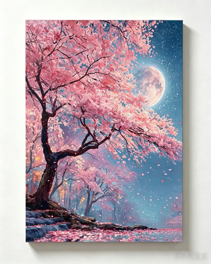 Kirschblüte unter dem Vollmond – Malen nach Zahlen für Erwachsene