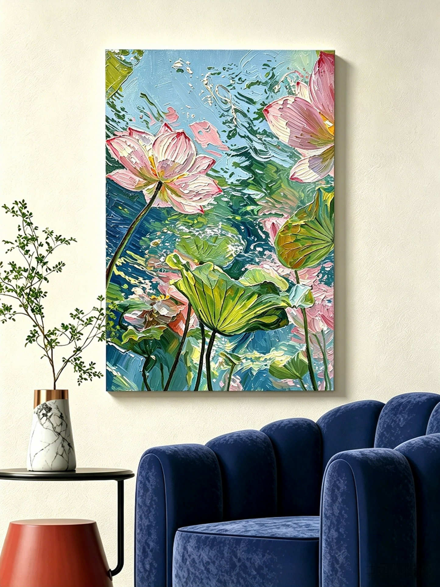 Rosa Seerosen im blauen Wasser- Malen nach Zahlen