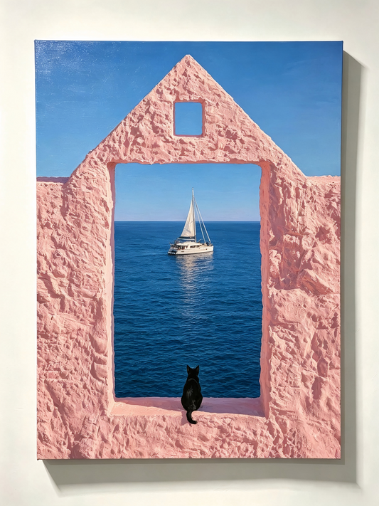 Schwarze Katze vor rosa Steinmauer und Meer- Malen nach Zahlen