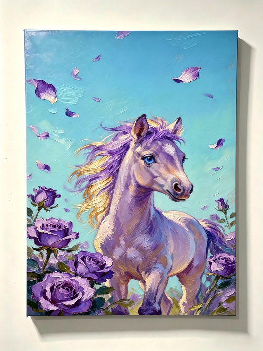 Lila Pony mit Rosenblüten- Malen nach Zahlen