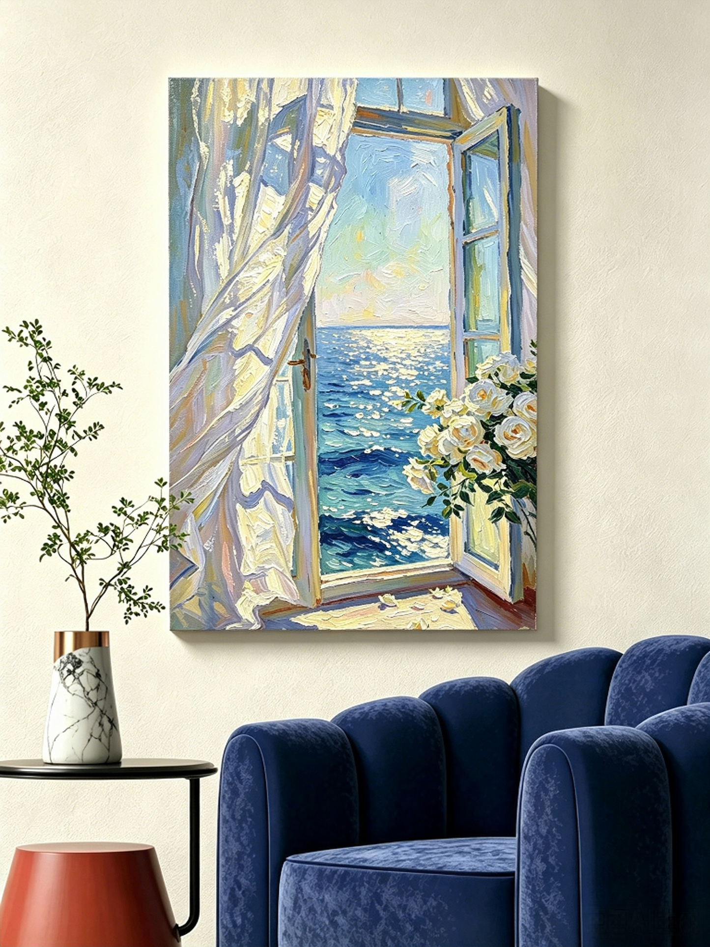 Fensterblick auf das blaue Meer mit weißen Rosen- Malen nach Zahlen