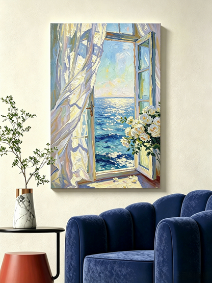 Fensterblick auf das blaue Meer mit weißen Rosen- Malen nach Zahlen
