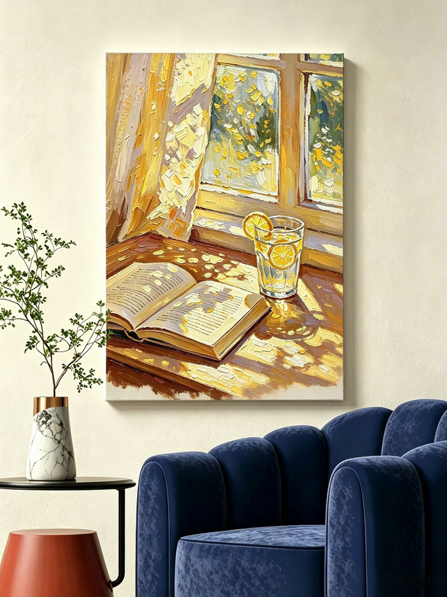 Goldenes Fensterlicht mit Buch und Zitronenwasser- Malen nach Zahlen